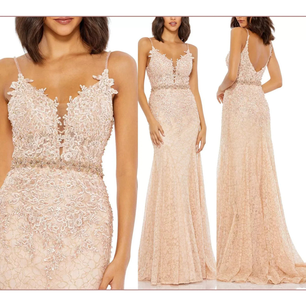 Mac‎ Duggal 79341 Appliqué Sleeveless Plunge Neck Trumpet Gown NWT Blush